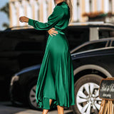 CHICDEAR 2023 Autumn Women Satin Midi Dress Elegant Long Sleeve Straps Bow Tie Party Sundress Casual Wrap Club Vestidos Streetwear