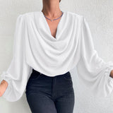 CHICDEAR Elegant Long Lentern Sleeve Tops Women Tunic Cowl Neck Casual Office Blouses 2023 Fashion Solid Autumn Sexy Party Shirts