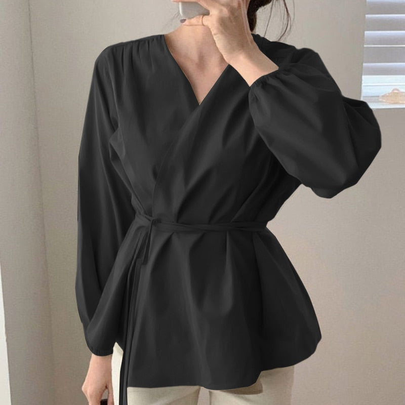 CHICDEAR Office Lady Blusas Korean Fashion Women Puff Sleeve Tops Elegant Bandage Wrap Blouses 2023 Autumn Casual V Neck Shirts