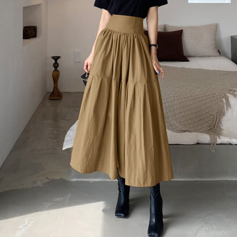 CHICDEAR Fashion Women High Waist Skirt Korean Pleated A-Line Party Skirt 2023 Autumn Casual Loose Holiday Zipper Solid Midi Skirt
