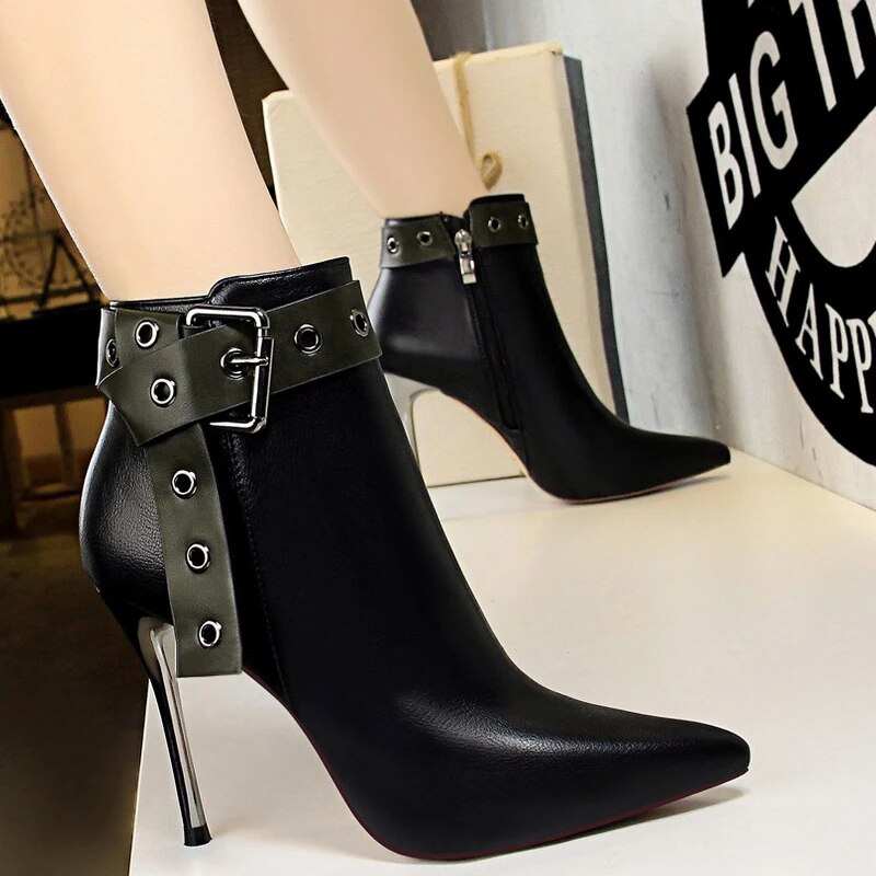 Chicdear -  Shoes Women High-heel Boots Belt Buckle Ankle Boots Pu Leather Boots Stiletto Heels Autumn Winter Shoes Women Boots