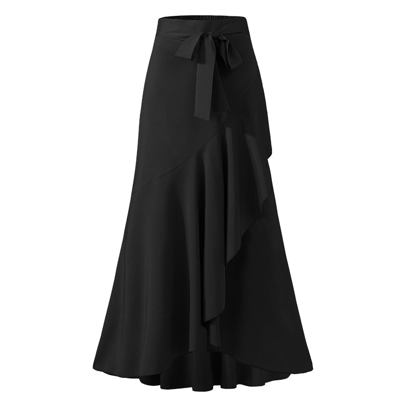 CHICDEAR Elegant Maxi Skirt For Women High Waist Belted Casual Loose Party Fishtail Skirts Fashion Ruffles Long Skirts