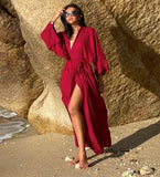 CHICDEAR 2023 Sexy Solid Front Open Self Belted Long Kimono Dress Summer Clothes For Women Beach Wear Open Long Shirt Robe De Plage Q1357
