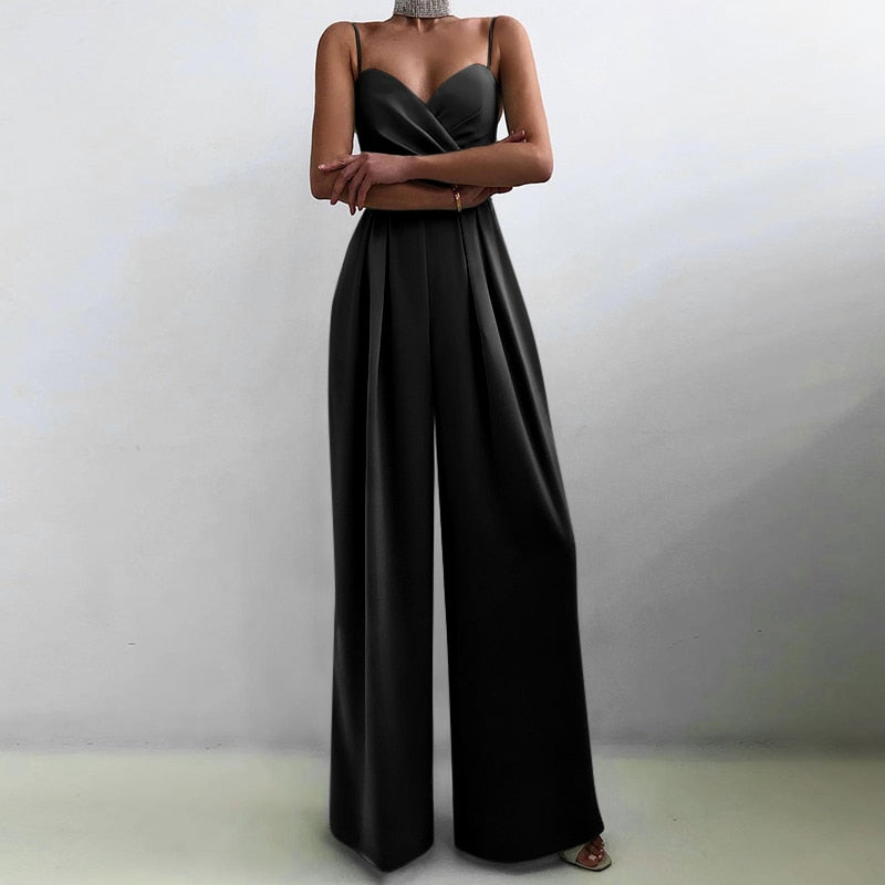 CHICDEAR Sexy Strap Women Jumpsuit 2023 Summer Sleeveless Backless Party Satin Overalls Pleated Long Rompers Thin Wide Leg Pants