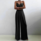 CHICDEAR Sexy Strap Women Jumpsuit 2023 Summer Sleeveless Backless Party Satin Overalls Pleated Long Rompers Thin Wide Leg Pants