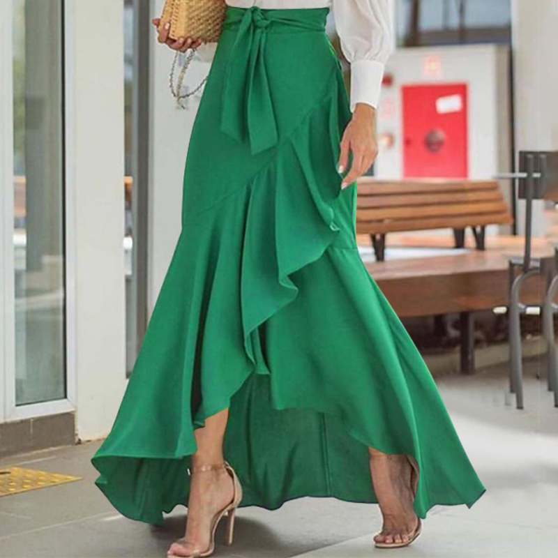 CHICDEAR Elegant Maxi Skirt For Women High Waist Belted Casual Loose Party Fishtail Skirts Fashion Ruffles Long Skirts