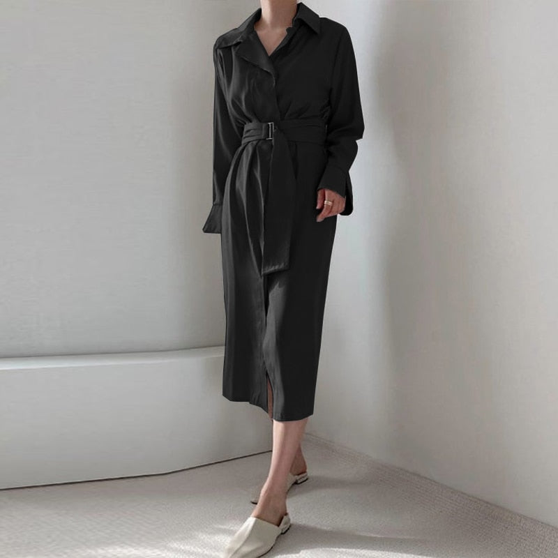 CHICDEAR Women Lapel Shirt Dress Long Sleeve Casual Solid Office Lady Belted Dresses 2023 Fashion Glossy Workplace Wrap Vestidos