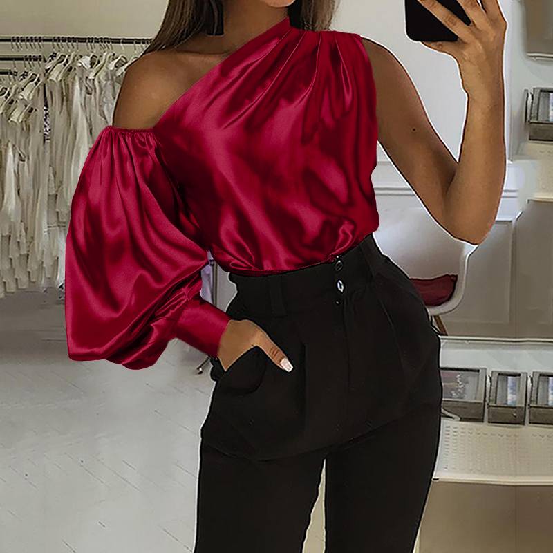 CHICDEAR Women Satin Blouse Celmia 2023 Autumn Elegant Sexy One Shoulder Tops Fashion Lantern Sleeve Asymmetrical Casual Party Shirts
