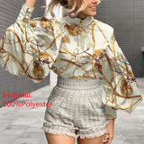 CHICDEAR 2023 Fashion Shirts Autumn Women Big Lantern Sleeve Bohemian Floral Print Blouse Casual Loose Stand Collar Elegant Tops