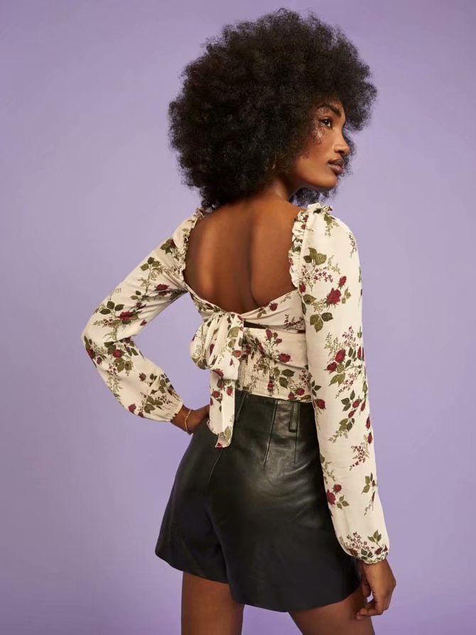 Chicdear Spring Summer Print Blouse Square Collar Short Chiffon Top Women's Fashion Long Sleeves Casual Shirt