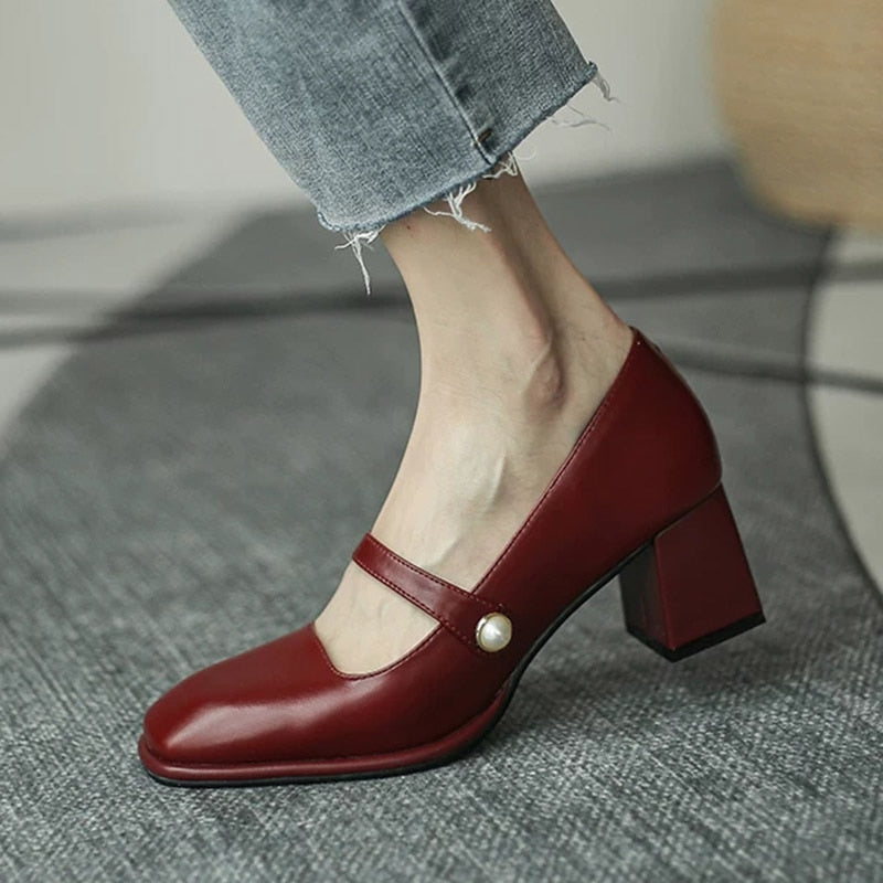 Chicdear Fall Outfit Mary Janes Shoes 2023 Autumn Shallow Square Toe Women's Pumps Pearl Buckle Elegant Ladies Office Shoes Low Heeled Shoes