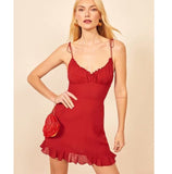 Chicdear Retro Ruffles Mini Dress Women Adjustable Spaghetti Straps Red Black Elastic Holiday Fashion Summer Dress