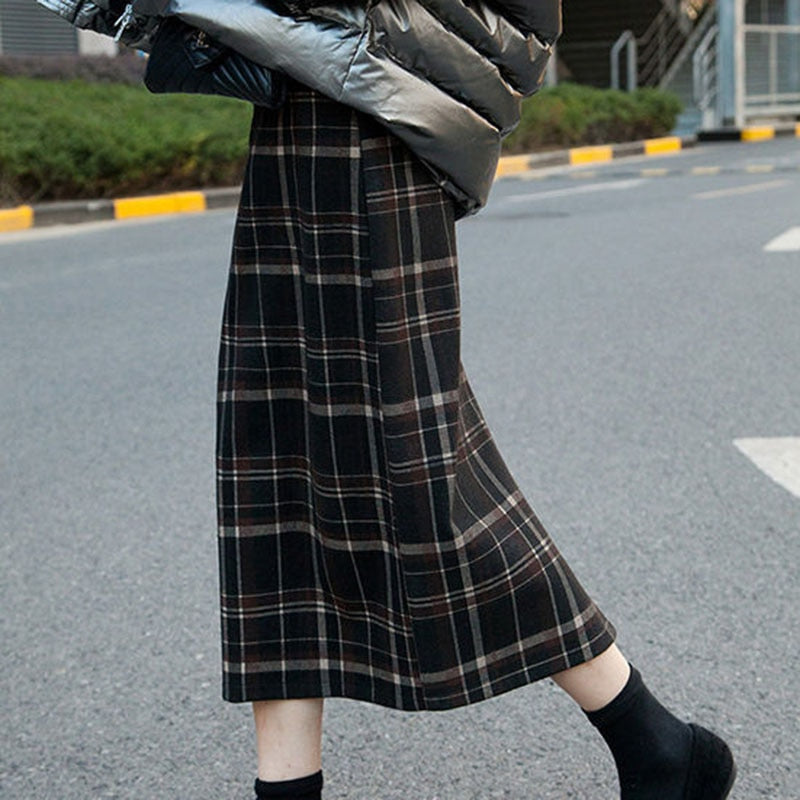 CHICDEAR Korean High Waist Women's Plaid Skirt Autumn Winter Vintage Mid-Long A-Line Skirts Female Fashion Split One-Step Skirt