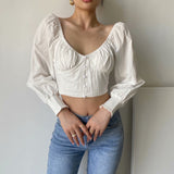 Chicdear Autumn New Women's Fashion Retro Style Long Sleeve Back Elastic White Cotton Shirt Short Crop Blouse