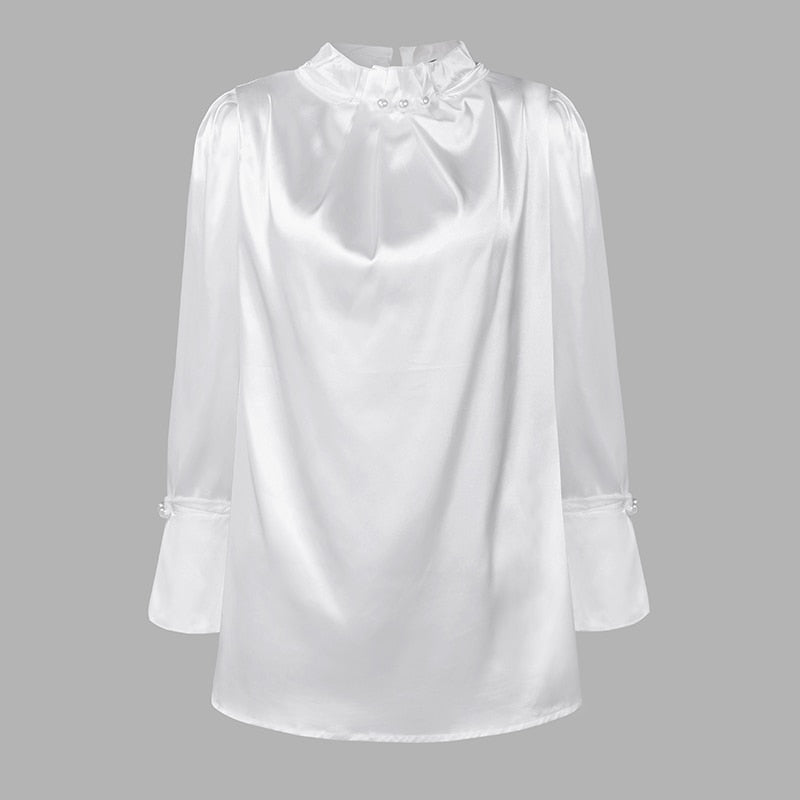CHICDEAR Satin Blouses Women Elegant Long Sleeve Silk Tops Pearl Stand Collar 2023Office Lady Shirts Solid Casual Party Blusas