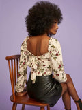 Chicdear Spring Summer Print Blouse Square Collar Short Chiffon Top Women's Fashion Long Sleeves Casual Shirt