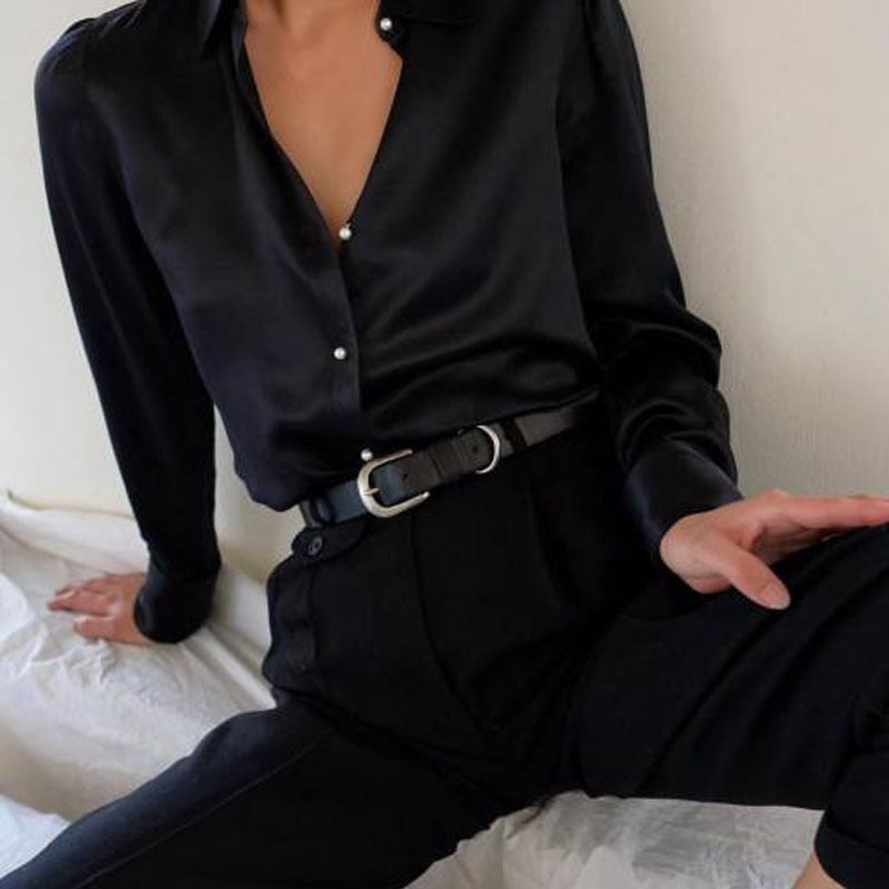 CHICDEAR Fashion Satin Blouse 2023 Summer Women Long Sleeve Vintage Buttons Lapel Street Party Shirt Elegant Silk Tunic Top Blusas