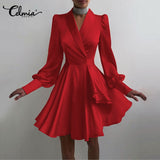 CHICDEAR Elegant Women Satin Mini Dress 2023 Celmia Fashion Puff Sleeve Sexy Suit Collar Vestidos Bandage Pleated Party Dresses