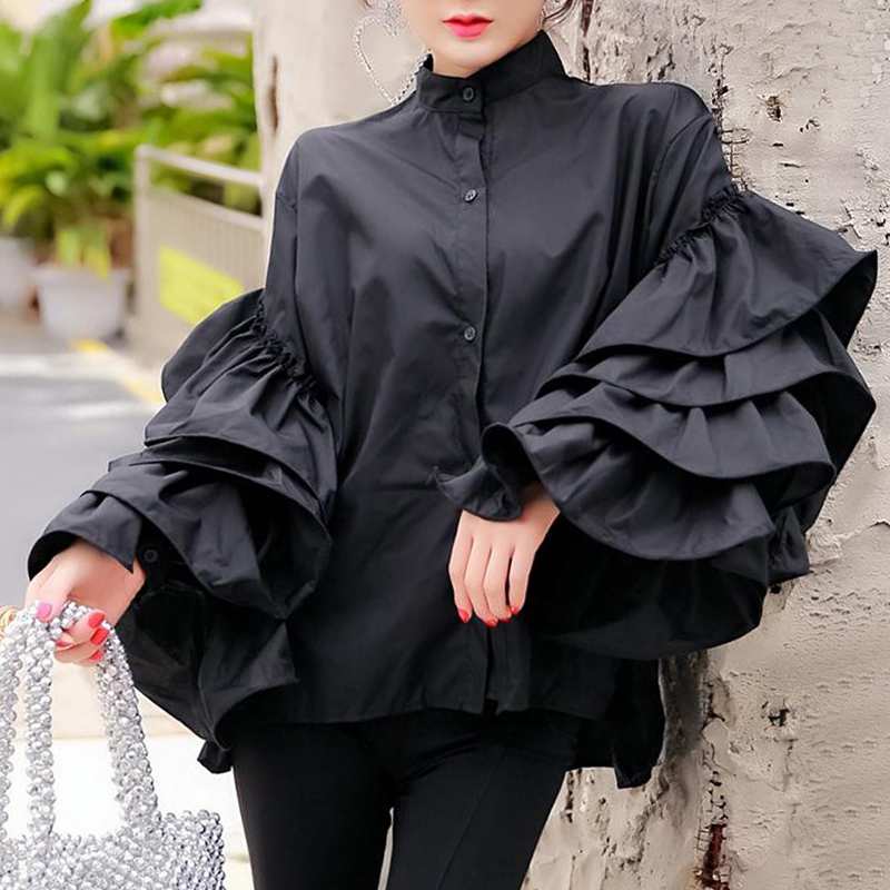 CHICDEAR 2023 Fashion Long Flare Sleeve Women Blouses Vintage Ruffled Party Shirts Casual Long Sleeve Tops Buttons Elegant Blusas