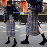 CHICDEAR Korean High Waist Women's Plaid Skirt Autumn Winter Vintage Mid-Long A-Line Skirts Female Fashion Split One-Step Skirt