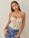 Chicdear 2023 French Summer Striped Flower Print Bandage Spaghetti Strap  Retro Sexy Women Lacing Up Sling Top  Vestido