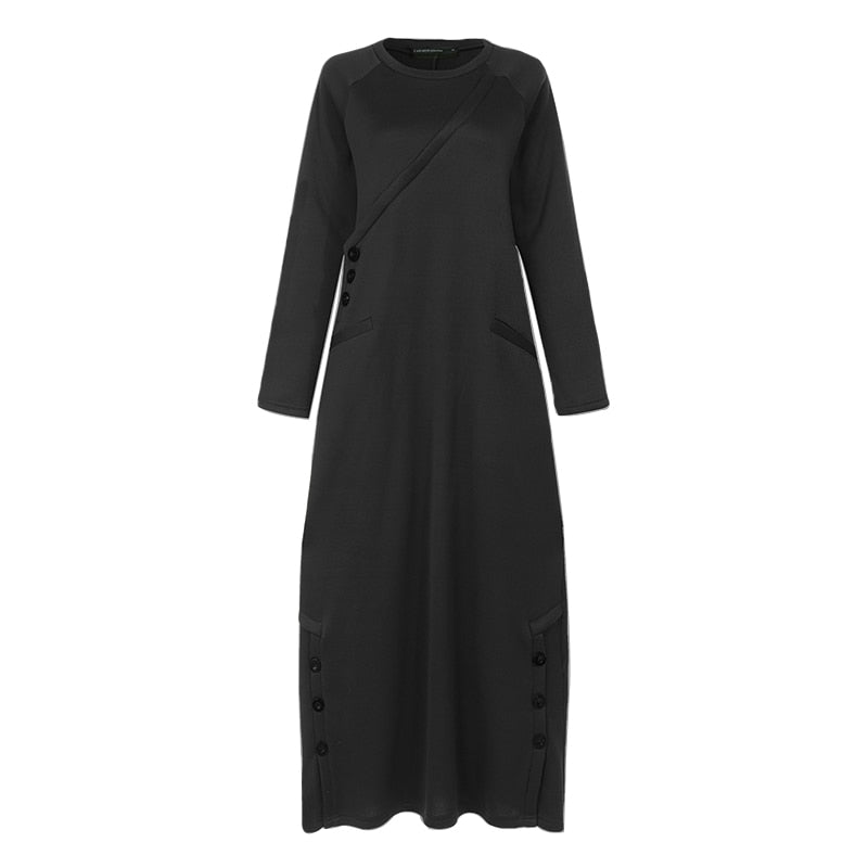 CHICDEAR 2023 Winter Fleece Sweatshirt Dress Women Vintage Long Sleeve Maxi Dresses Casual Baggy Kaftan Button Long Vestidos Robe