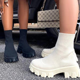 CHICDEAR 2023 Fashion Women Shoes Platform Boots Breathable Booties Woman Punk Shoes Ankle Sock Boots Black Plus Size Ladies Shoes Flat