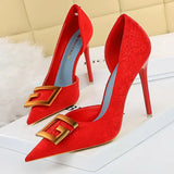 Chicdear - Shoes Red Green Black Woman Pumps Metal Square Buckle Women Heels Banquet Shoes Pointed Toe Stiletto Plus Size 43
