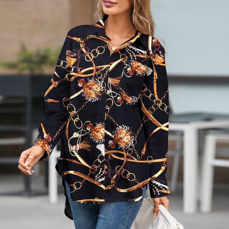CHICDEAR Women 2023 Fashion Tops Casual Chain Printing Back Slit Long Shirts Long Sleeve Oversize Button Up Asymmetrical Blouses