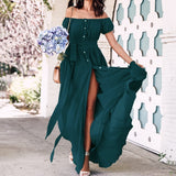 CHICDEAR Bohemian Sexy Long Dress 2023 Summer Women Ruffles Maxi Beach Sundress Off Shoulder Short Sleeve Buttons Party Vestidos