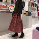 CHICDEAR High Waist Autumn Winter Long Skirts Women Elegant Flower Printed Midi Skirt Female Vintage Streetwear Pleated Skirt
