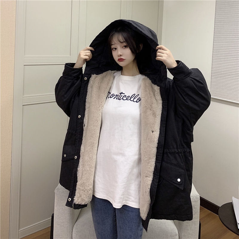 CHICDEAR 2023 New Women's Winter Plus Velvet Coat Korean Hoodlie Tooling Cotton Parkas Jacket Women Loose Thicken Warm Overcoat
