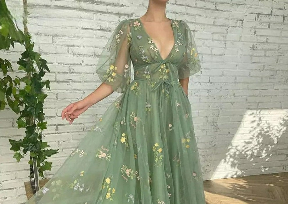 CHICDEAR Green Embroidery Lace Midi Prom Dresses Half Sleeves Deep V-Neck Flowers Evening Party Dresses Women Formal Gowns
