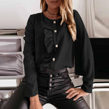 CHICDEAR Fashion Ruffles Stitching Long Sleeve Blouses Women's 2023 Autumn Casual Loose Button Up Shirts Elegant O-Neck Blusas