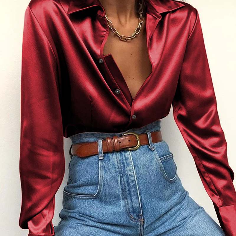 CHICDEAR Fashion Women Satin Blouse Shirt 2023 Autumn Long Sleeve Lapel Button Shirt Elegant Tunic Top Solid Slik Blusas Femininas