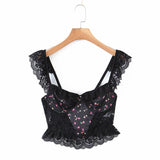 Chicdear Romantic Lace Patchwork Crop Top Women Back Hollow Out Sleeveless Sexy Tank Top Vintage Black Fashion Summer Tops
