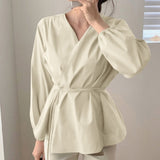 CHICDEAR Office Lady Blusas Korean Fashion Women Puff Sleeve Tops Elegant Bandage Wrap Blouses 2023 Autumn Casual V Neck Shirts