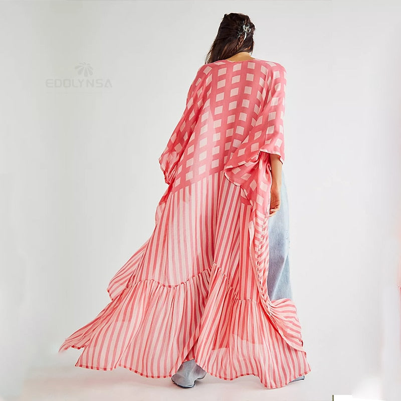 CHICDEAR 2023 Red Bohemian Striped Half Sleeve Kimono Dress Plus Size Elegant Women Clothing Chiffon Beach Pool Party Dres Q1347