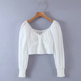 Chicdear Autumn New Women's Fashion Retro Style Long Sleeve Back Elastic White Cotton Shirt Short Crop Blouse