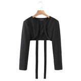 Chicdear Women New Fashion Lacing Short Open Small Blazer Coat Vintage Long Sleeve Black Female Outerwear Chic Tops