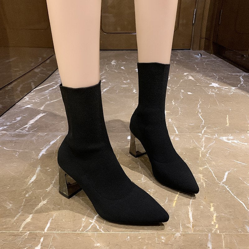 CHICDEAR Ankle Chunky High Heels Sock Chelsea Boots 2023 Women Winter Shoes Fashion Knitting Luxury Pumps Designer Sexy Warm Boots Female