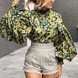 CHICDEAR Elegant Lantern Sleeve Shirts 2023 Autumn Women Fashion Stand Collar Floral Printed Bohemian Blusas Casual Tops OL Tunic