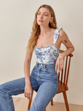 Chicdear Retro White Blue Flower Print Camis Women Summer Ruffles Strap Ruched Short Tank Tops Cool Girl Sexy Slim Crop Top Tees