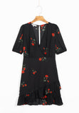 Chicdear Elegant Women Mini Dress Floral Print V Neck Hollow Out Black Short Sleeve Short Dress Femme Vestidos