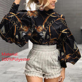 CHICDEAR 2023 Fashion Shirts Autumn Women Big Lantern Sleeve Bohemian Floral Print Blouse Casual Loose Stand Collar Elegant Tops