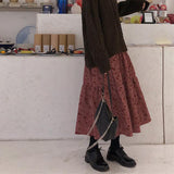 CHICDEAR High Waist Autumn Winter Long Skirts Women Elegant Flower Printed Midi Skirt Female Vintage Streetwear Pleated Skirt