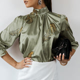 CHICDEAR Women Satin Blouse 2023 Fashion Elegant Tunic Slik Tops Autumn Solid High Collar Shirt Long Sleeve Party Blusas Femininas