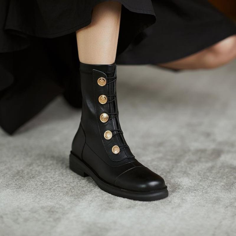 Chicdear Fall Outfit Fashion Women Boots Metal Decoration Round Toe Low Square Heel Ladies Mid-Calf Boots Black Zipper All-Match Mature Female Shoes