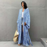 CHICDEAR 2023 Blue Casual Long Sleeve Ankle Length Belt Long Kimono Dress  Plus Size Women Clothing Plus Size Vintage Maxi Dress  A1046
