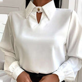 CHICDEAR Autumn Elegant Lantern Long Sleeve Satin Blouses Women Casual Office Lapel Shirts 2023 Fashion Hollow Neckline Tunic Tops